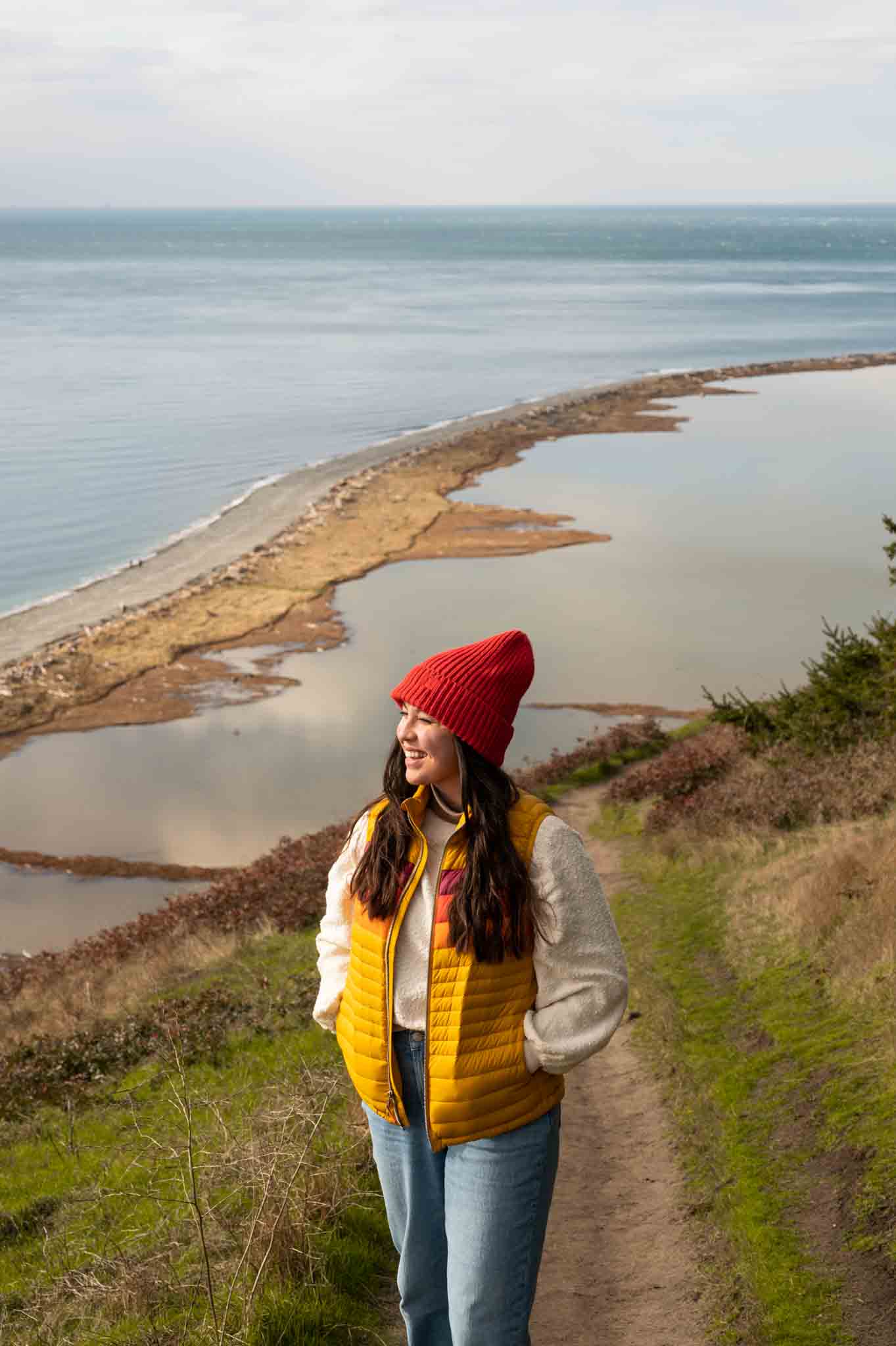 Female hiker at Ebey's Landing sharing thigns to do on Whidbey Island