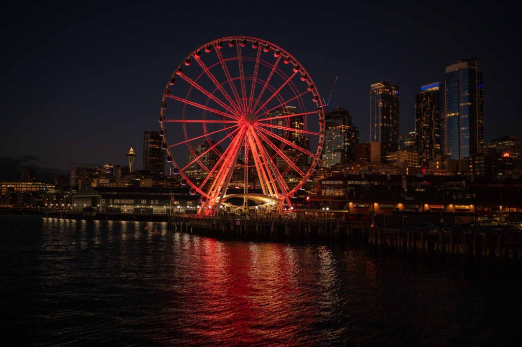 Seattle holiday events, Seattle skyline at night from the Argosy Christmas ship, The Seattle Great Wheel, Seattle holiday events